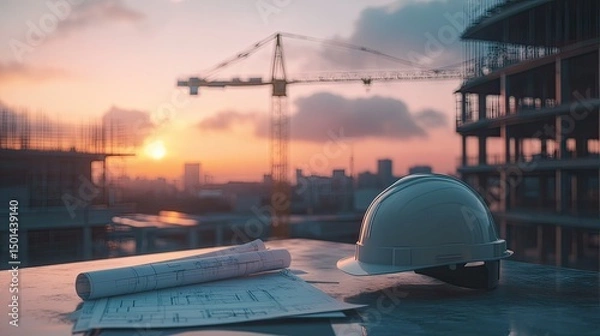 Obraz Construction site sunset; blueprints & hardhat
