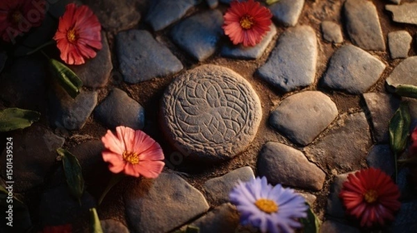 Obraz Decorative Stone Surrounded by Colorful Flowers on a Stone Pathway