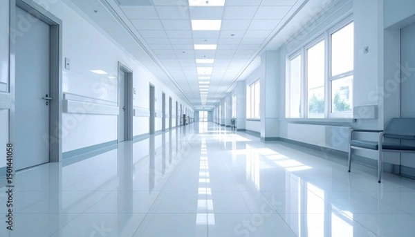 Fototapeta Long perspective of an empty hospital hallway with shiny tile flooring