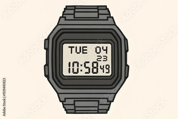 Fototapeta 8-Bit Pixel Old-School Casio Watch With Day-Date Display on White Background