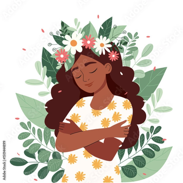 Fototapeta Dark-haired woman embracing herself with closed eyes and a gentle smile, symbolizing self-love and mental health. Vector illustration.