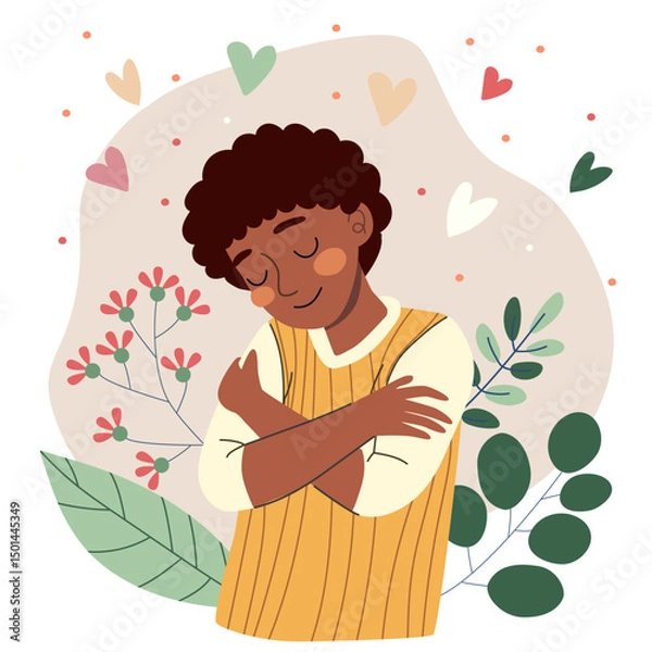 Fototapeta Dark-skinned teenage boy hugging himself with closed eyes, surrounded by floating hearts and green plants. Self-love and body positivity concept illustration.