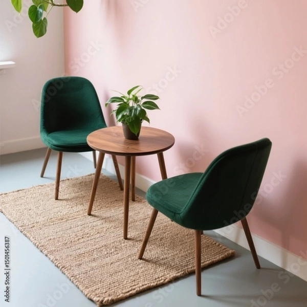 Fototapeta Two green velvet chairs and a wooden table with a plant on a woven rug against a pink wall