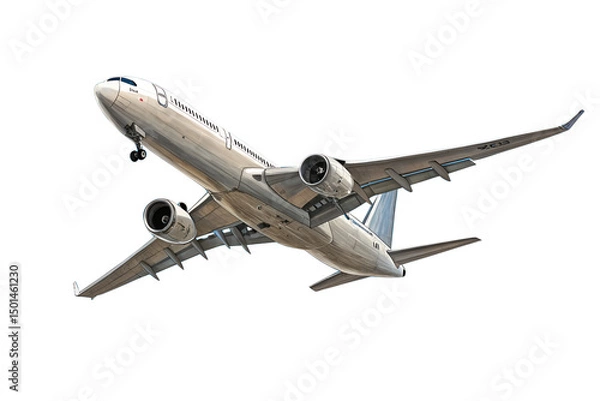 Fototapeta Airplane soaring high in a clear blue sky, isolated PNG with transparent background