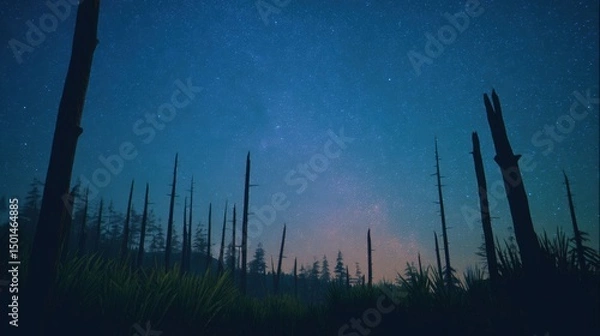 Obraz Night Sky Above Silhouette of Trees in Remote Landscape Under Starry Sky