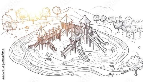 Obraz Outline illustration of a children's playground with slides surrounded by trees and a river in the background