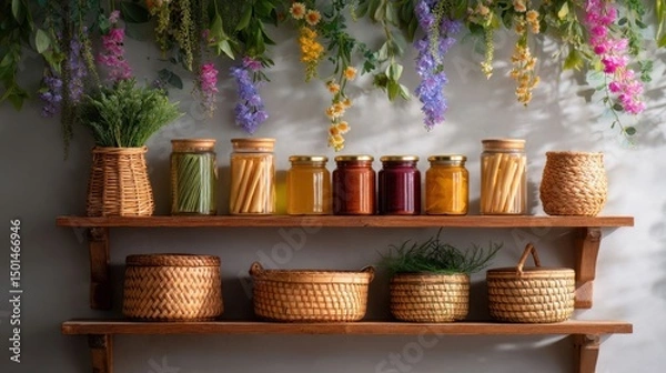 Obraz Rustic Wooden Shelves with Colorful Jars and Baskets Surrounded by Flowers