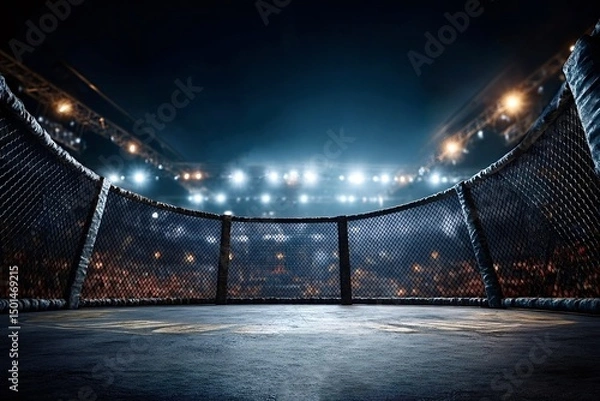 Obraz Empty fighting arena with metal cage and bright lights illuminating crowded stadium