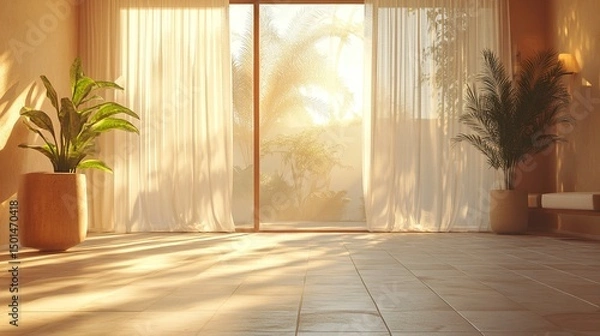 Fototapeta Sunlit home interior with sheer curtains, tiled flooring, and minimalist decorative accents 