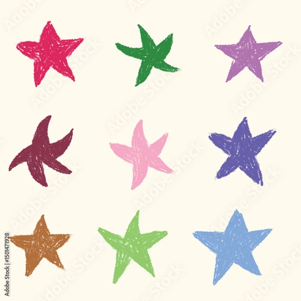 Fototapeta Colorful Crayon Star Set – Hand-Drawn Doodle Star Illustrations Collection - Draw a Stars in a model like a picture on a chalkboard, colorful Stars drawing