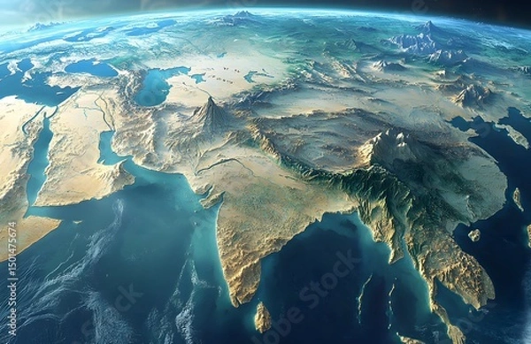Fototapeta A map of the Middle East, showing Saudi Arabia and Iran from an interesting angle. The whole world is seen from space, 