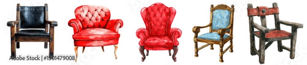 Fototapeta Watercolor set of various classic vintage chairs on transparent background