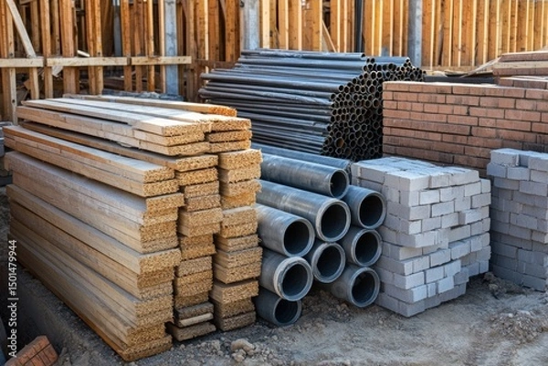 Fototapeta Wooden planks, metal pipes, and bricks are neatly stacked at a construction site. The materials are well organized and ready for use in building activities, showcasing the preparation of the area