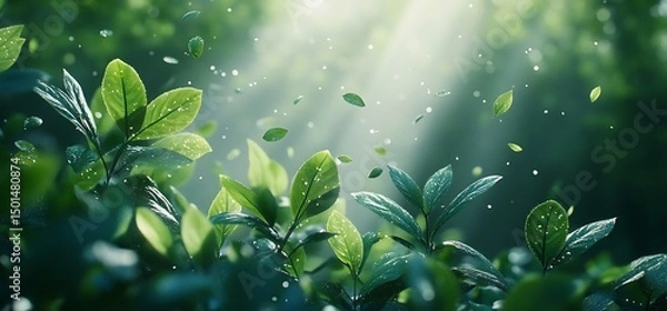 Fototapeta Enchanting sunlight filtering through fresh green leaves in a serene forest scene