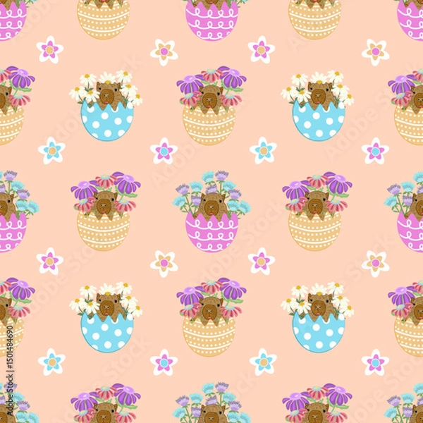 Fototapeta Cute floral pattern with colorful easter eggs.