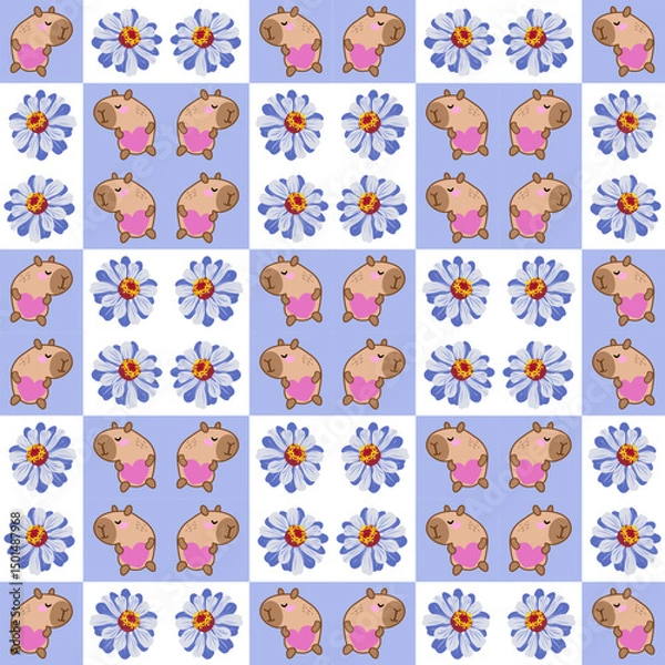 Fototapeta Colorful repeating pattern with flowers and figures.