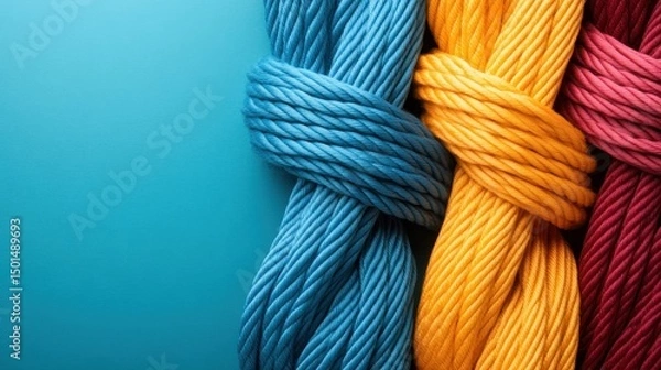 Fototapeta An artistic arrangement of vibrant yarn ropes in striking colors showcases creativity and craftsmanship, representing the joyful spirit of textile arts and DIY projects.