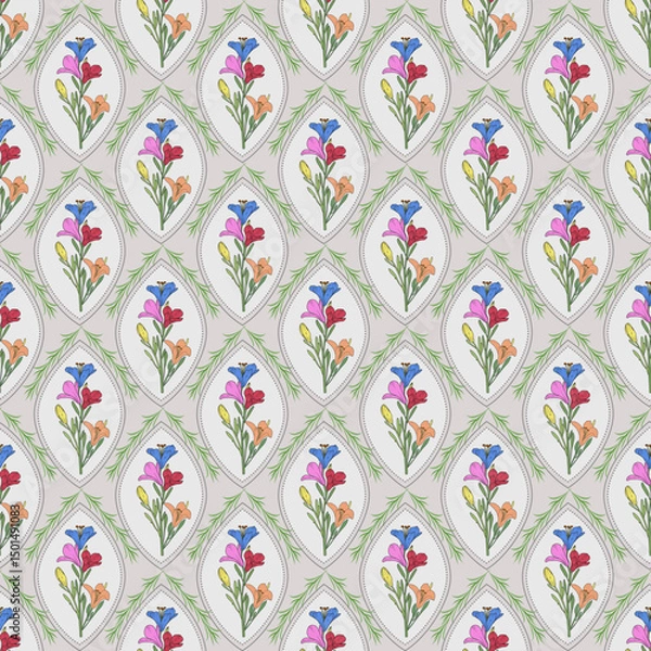 Fototapeta Floral pattern with vibrant flowers and leaves.