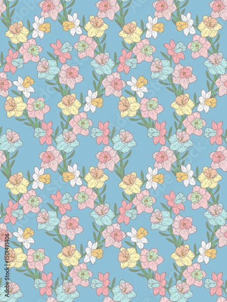 Fototapeta Colorful floral pattern on blue background.