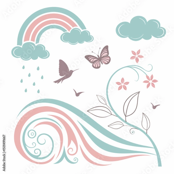Fototapeta Pastel rainbow clouds butterfly hummingbird floral design