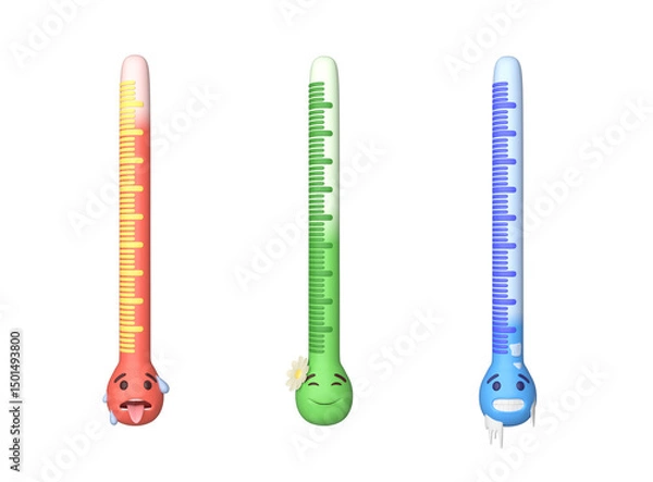 Fototapeta Set of weather thermometers isolated on white background. Set of thermometers with cold, hot and warm temperature indicators. Forecast, climate and meteorology icon. 3d rendering