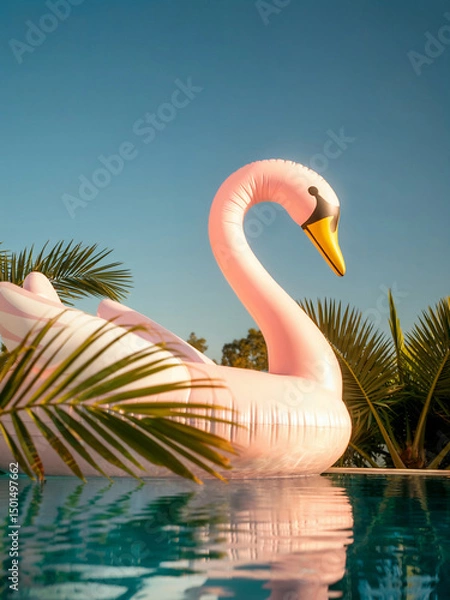 Fototapeta A large inflatable pink swan pool float in crystal turquoise water.  Palm leaves on the background, creating a tropical atmosphere. Selective focus. 