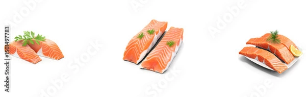 Fototapeta A set of salmon slices, cut out with transparent background, highlighting fresh, vibrant, and neatly arranged pieces ideal for culinary and food presentation.

