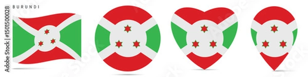Obraz Burundi waving flag, circle badge, heart shaped, map pin. Flat vector illustration isolated