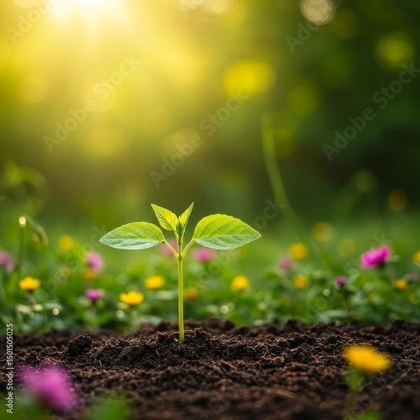 Fototapeta Young Plant Sprouting in Sunny Field ai generated images ai generative