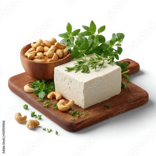 Fototapeta Block of tofu with cashews and herbs isolated on white background