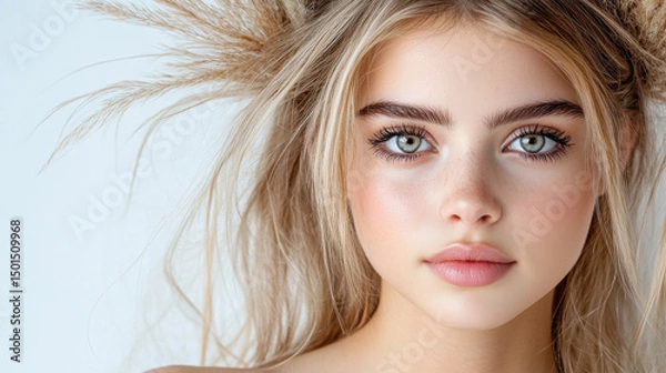 Fototapeta Beautiful young woman with feather textured eyebrows and subtle arches, framed by soft, flowing hair. Her striking blue eyes and natural makeup create captivating and serene expression