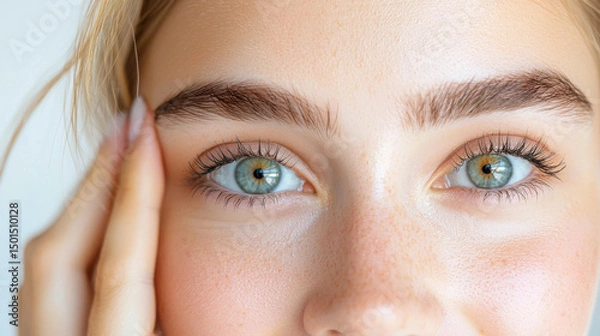 Fototapeta Close up of young woman showcasing her striking blue eyes and well groomed, feathered eyebrows. natural beauty is highlighted by soft lighting, emphasizing her clear skin and delicate features