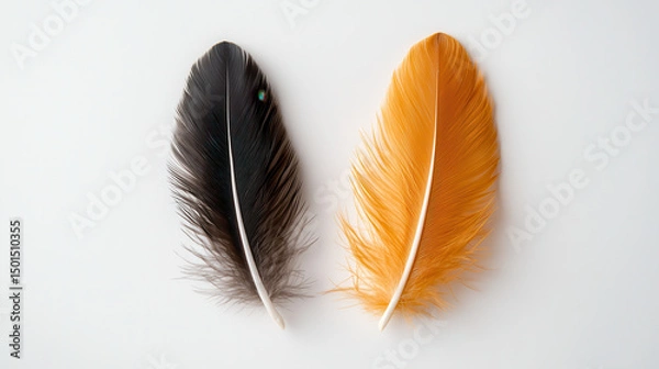 Fototapeta Feathers in contrasting colors, one black and one orange, displayed on white background, showcasing their delicate textures and natural beauty. vibrant hues create striking visual appeal