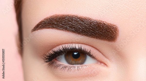 Fototapeta Glossy groomed eyebrows with soft focus background highlight beauty of eye. rich brown color enhances natural features, creating elegant and polished look