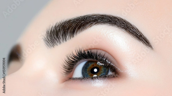 Fototapeta Glossy perfectly groomed eyebrows with bare skin highlight beauty of eye, showcasing intricate details of lashes and vibrant iris. overall look is striking and captivating
