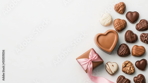 Fototapeta Heart shaped chocolate gift box with assorted chocolates arranged beautifully, featuring pink satin ribbon. Perfect for expressing love and affection on special occasions