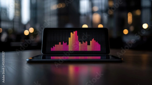 Obraz Vibrant audio visualizer displayed on sleek device, showcasing colorful sound waves in modern setting. background features blurred lights, creating dynamic atmosphere