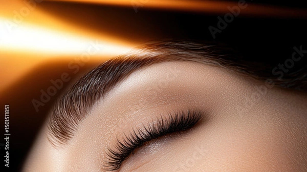 Fototapeta Close up view of beautifully shaped eyebrow with soft edges, showcasing long eyelashes and smooth skin. lighting creates warm glow, enhancing overall aesthetic appeal