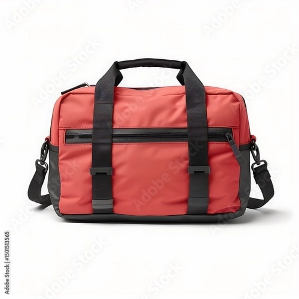 Fototapeta Stylish salmon-colored duffel bag with black straps on a clean white backdrop