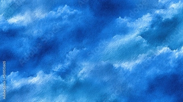 Obraz Watercolor painting of a sky filled with fluffy blue clouds, artistic background with cloud textures and details