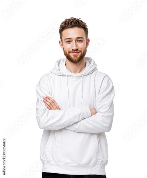 Obraz Person with light brown hair and a well-groomed beard stands with arms crossed, wearing a white hoodie. He displays a warm smile, conveying confidence and a laid-back attitude.