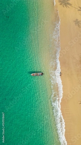 Obraz Aerial View of a Boat in Stunning Crystal Clear Waters of Principe Island, Africa