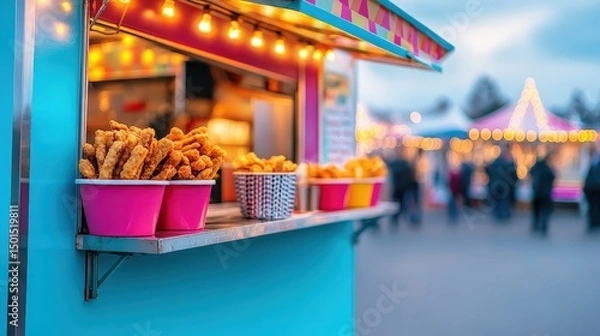 Fototapeta A colorful food stall at an outdoor fair serves snacks in pink buckets, with festive lights and blurred crowds in the background.