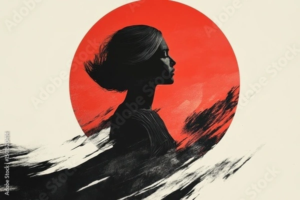 Obraz Woman Silhouette Against Red Circle Background