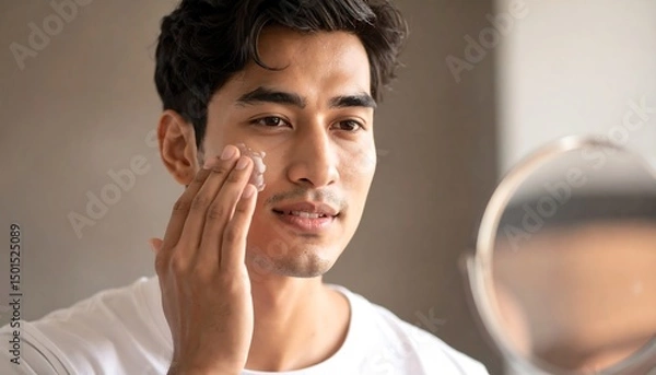 Fototapeta Young Man Applying Moisturizer on His Face While Looking into a Mirror in a Bright Bathroom Setting