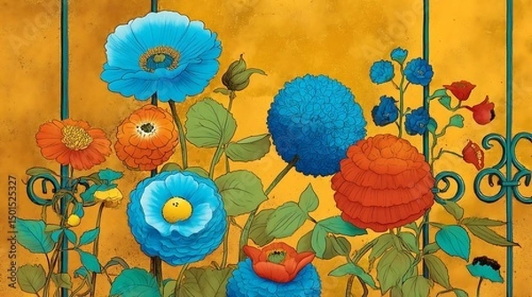 Obraz Summer Solstice: Traditional British cottage garden flowers bathed in golden solstice