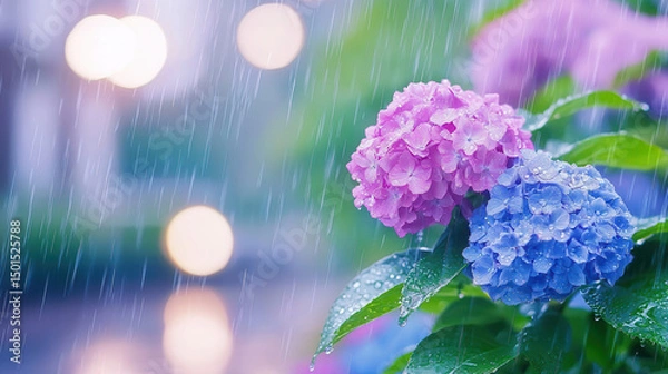 Fototapeta Vibrant hydrangeas in rain, showcasing beautiful pink and blue blooms with droplets glistening, creating serene and refreshing atmosphere