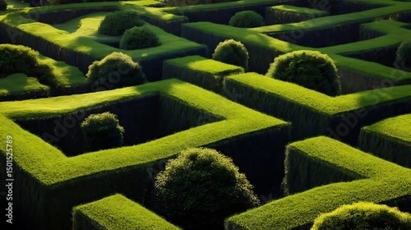 Obraz Summer Solstice: English garden maze viewed from above with complex solstice shadows