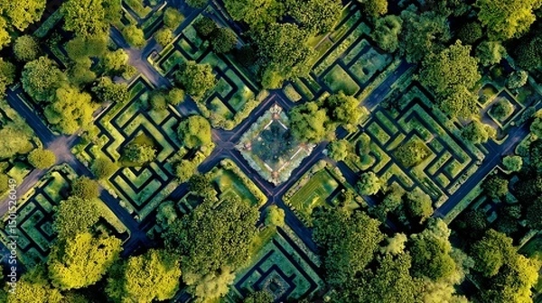 Obraz Summer Solstice: English garden maze viewed from above with complex solstice shadows