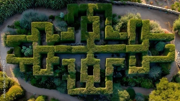Obraz Summer Solstice: English garden maze viewed from above with complex solstice shadows